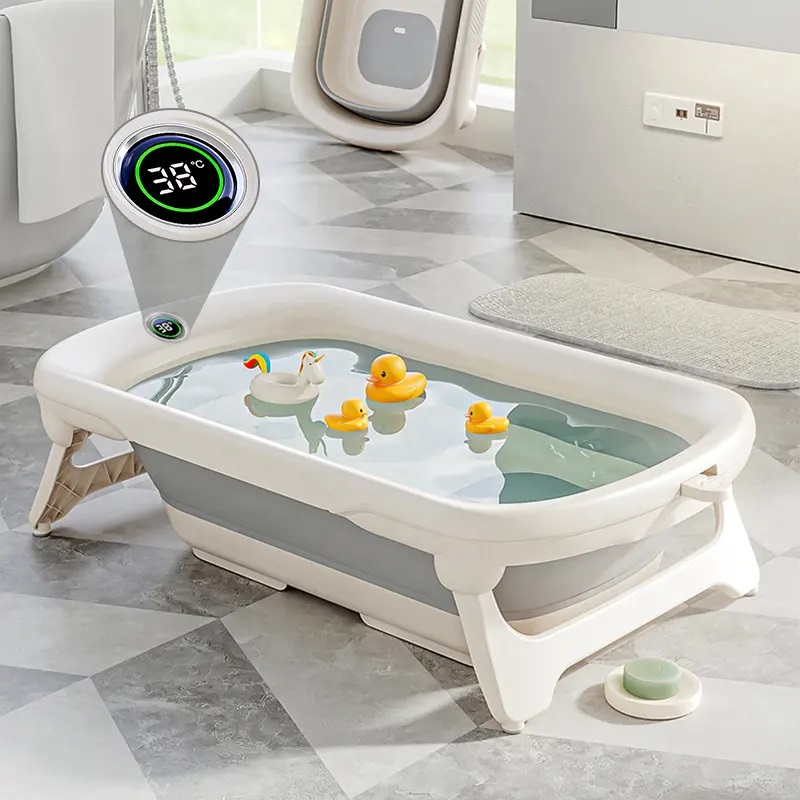 Cadita Little Mom Grey Pliabilă cu Termometru