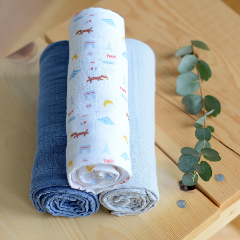 Set 3 Museline Beaba Bumbac Organic 70x70 cm Paris Blue - imagine 3