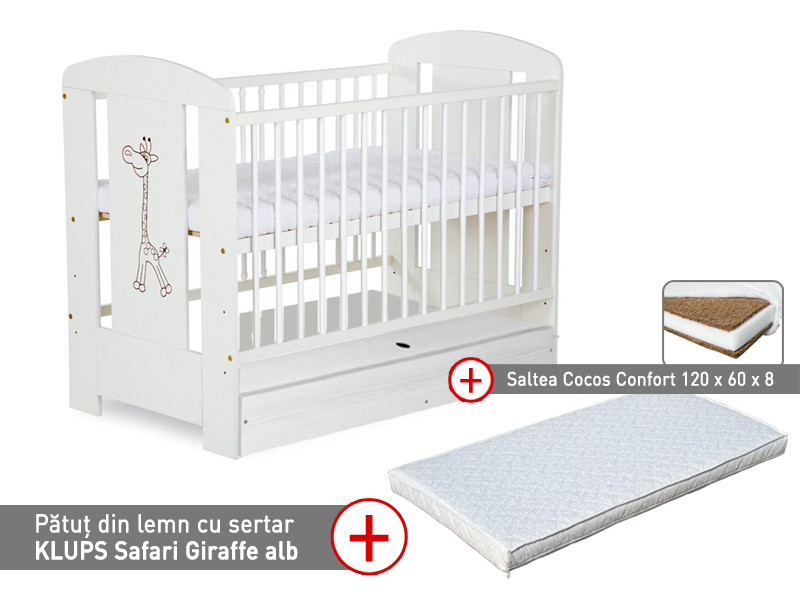 Pătuț Klups Safari Giraffe Alb cu Sertar și Saltea