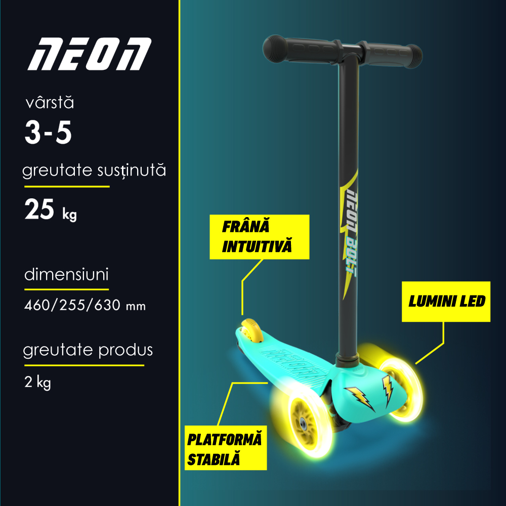 Trotineta Neon Bolt Green cu LED și 3 roti - imagine 4
